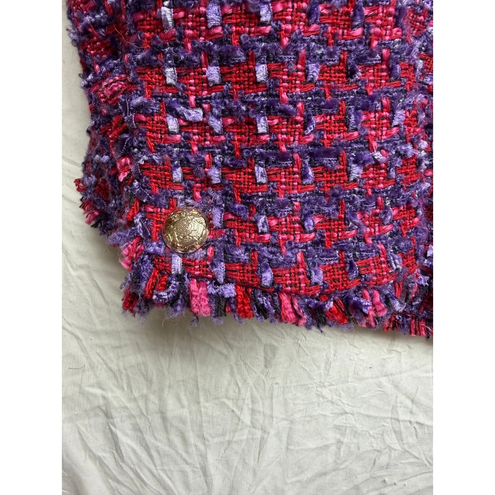 Talbots Womens Red Purple Tweed Blazer Jacket Gold Crest Buttons Fringed Size 16 - Picture 6 of 7
